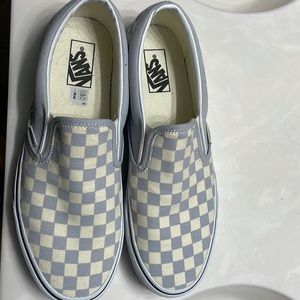 Vans dovetail grey and white checker slip ons. Never worn, size 11.